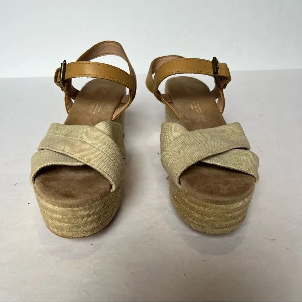 Toms Women's Braided Wedge Espadrille Sandals Light Tan Size 6 Canvas Straps